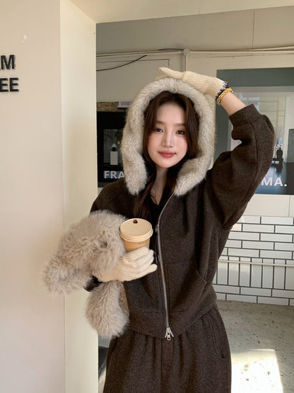 // 毛毛領衛衣外套+休閒褲套裝