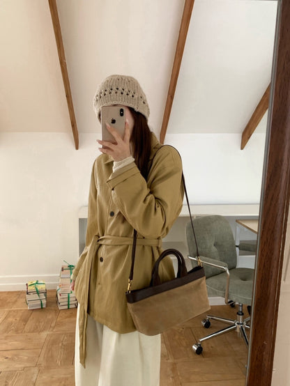 // 超軟復古翻領中長腰帶皮外套