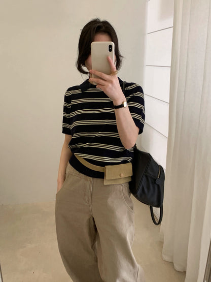 // Miu風翻領間條短袖NT