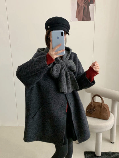 // 10%alpaca+90%wool簡約圓領手工外套(連頸巾)