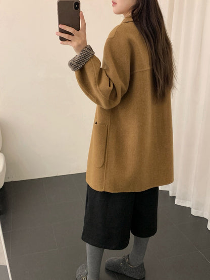 // 90%wool+10%cashmere翻領口袋中長雙面手工外套￼