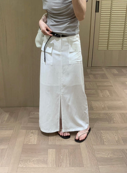H06 / 極顯瘦口袋前開叉直筒SK(連腰帶)