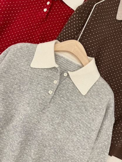 // 100%綿羊毛小心心點點撞色翻領NT