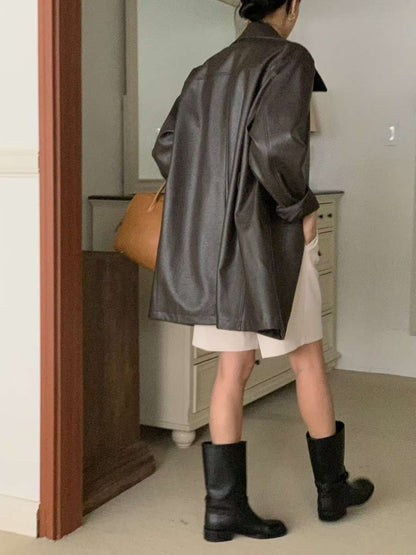 // 連腰帶中長款翻領啞光彷皮外套