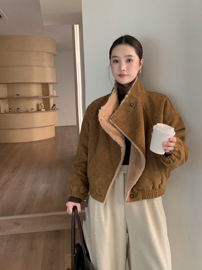 // 帥氣隨性領子皮毛一體麂皮絨外套