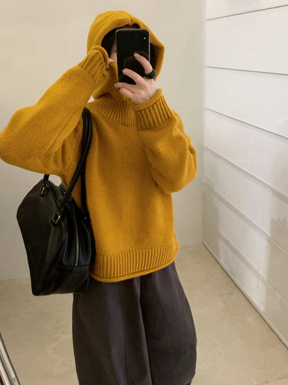 // 粗織紋領位連帽卷卷邊毛衣