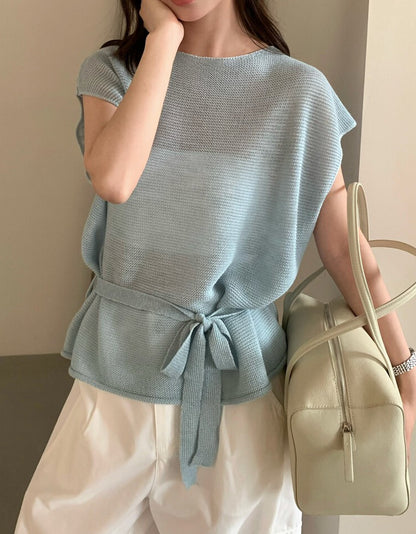 // 高級感飛飛袖綁腰針織上衣