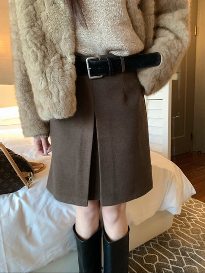 // 高級感雙層開叉五分毛呢裙