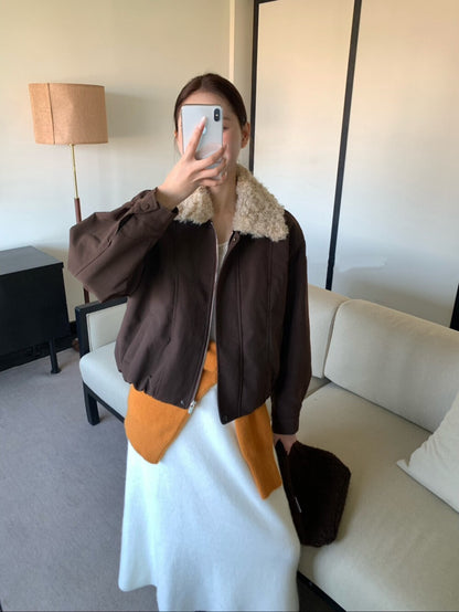 // 拼接卷毛領設計感短外套