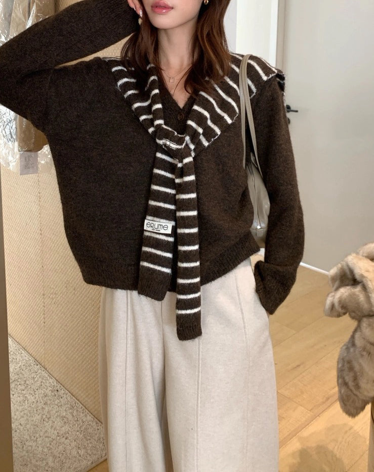 C80 / 柔軟混羊駝毛V領針織外套(連間條披肩)(8%WOOL)