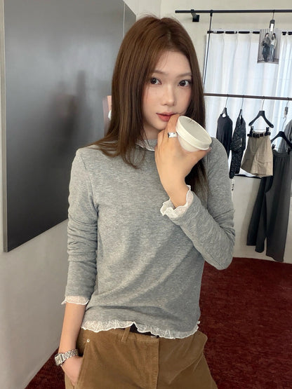 B198 / 半高領拼接lace打底TEE