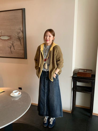 // 拼色連帽細間條拉鍊CD