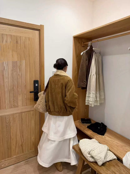 // 復古拼羊羔毛領麂皮絨外套