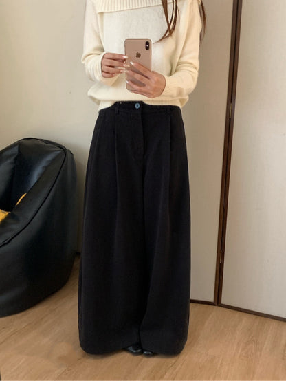 // 超遮肉壓褶闊腳毛呢褲