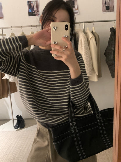 // 簡約圓領間條圓領毛衣