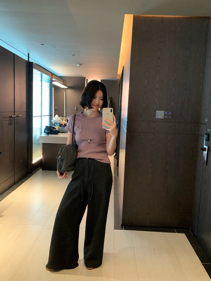 // 超直褲型抽繩綁帶腰軟牛仔褲