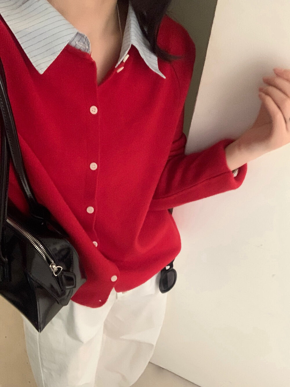 // 拼接間條恤衫領假兩件針織上衣