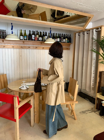 // vintage油蠟皮連腰包腰帶翻領中長外套