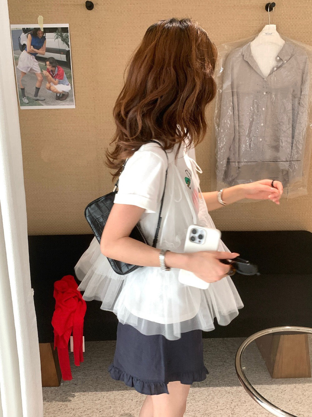 // 蝴蝶結綁肩層層網紗吊帶