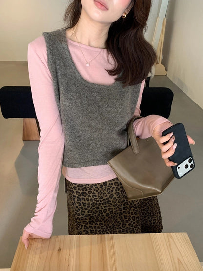T08 / 顏色超美撞色疊穿針織背心+打底上衣兩件套