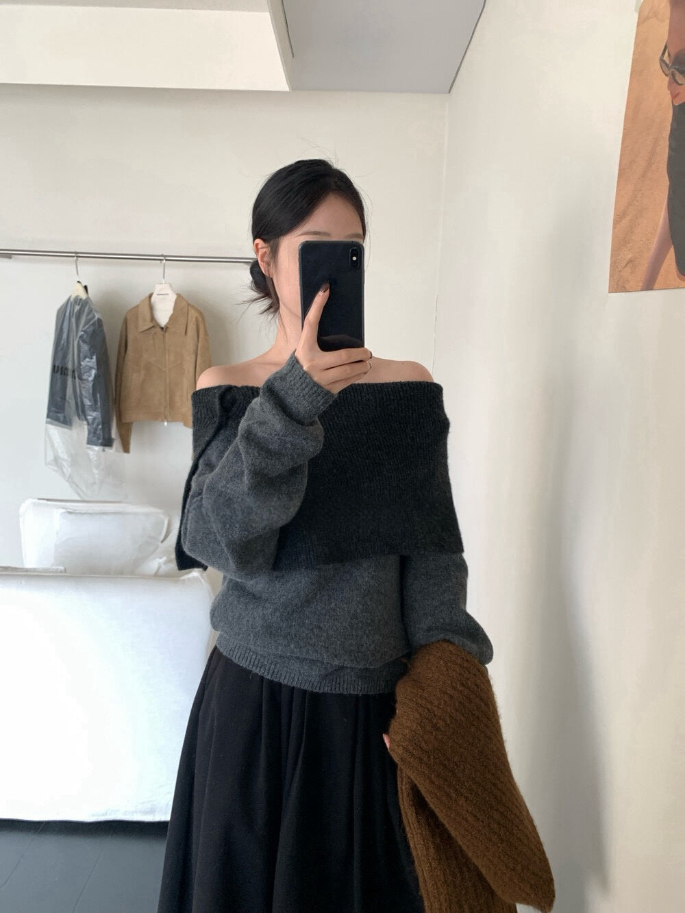 // 設計感側鈕扣雙層領一字領NT