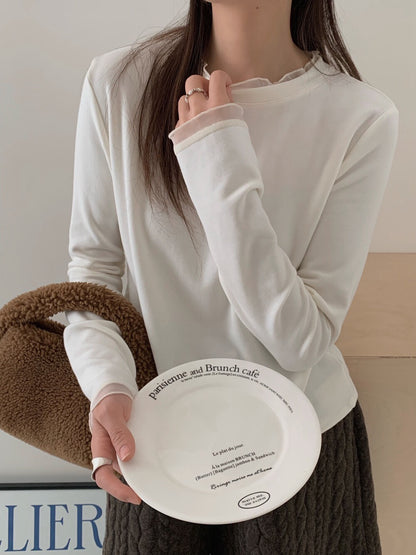 // 5%羊毛拼lace邊超舒服彈性打底上衣