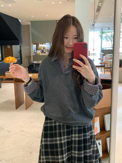 // 高級感拼接格仔翻領薄絨底衛衣