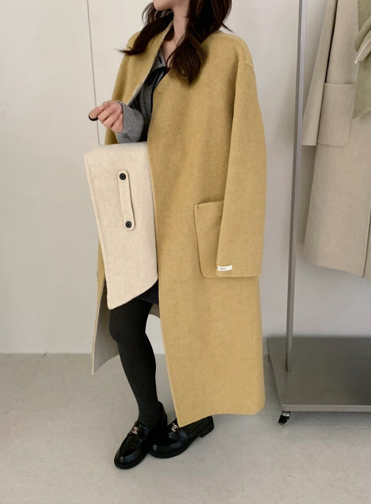 // 撞色內裡斜襟連頸巾100%羊毛雙面手工外套