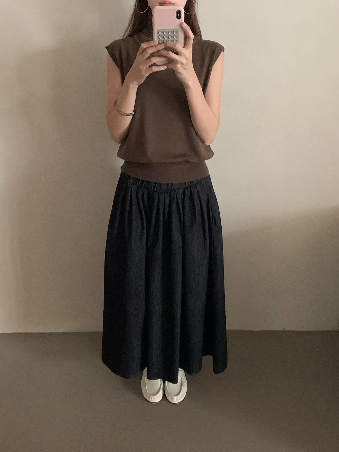 // 必入壓褶牛仔中裙