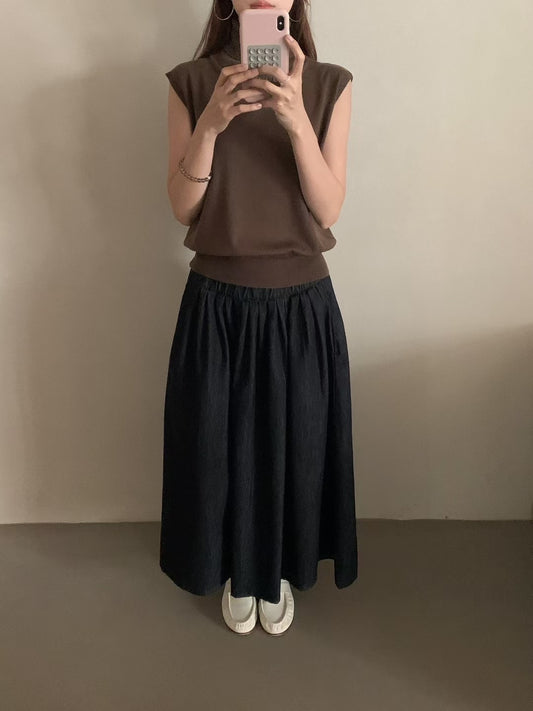 // 必入壓褶牛仔中裙