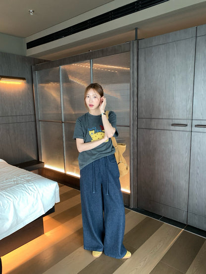 // 超直褲型抽繩綁帶腰軟牛仔褲