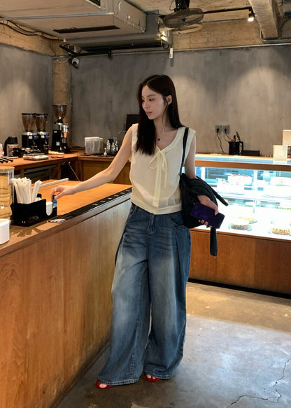 // 設計感壓褶復古感洗水牛仔闊褲