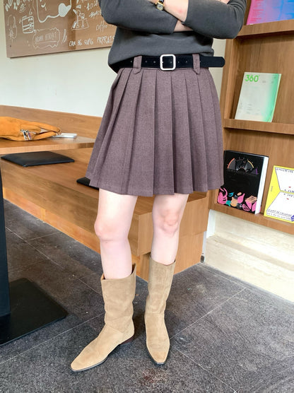 // 連腰帶毛呢料百褶短裙