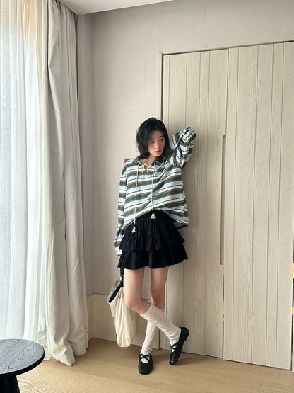 // Miu風綁帶間條polo上衣