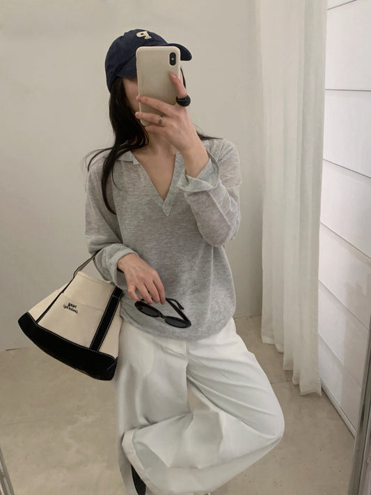 🫓 慵懶小V翻領薄款針織上衣