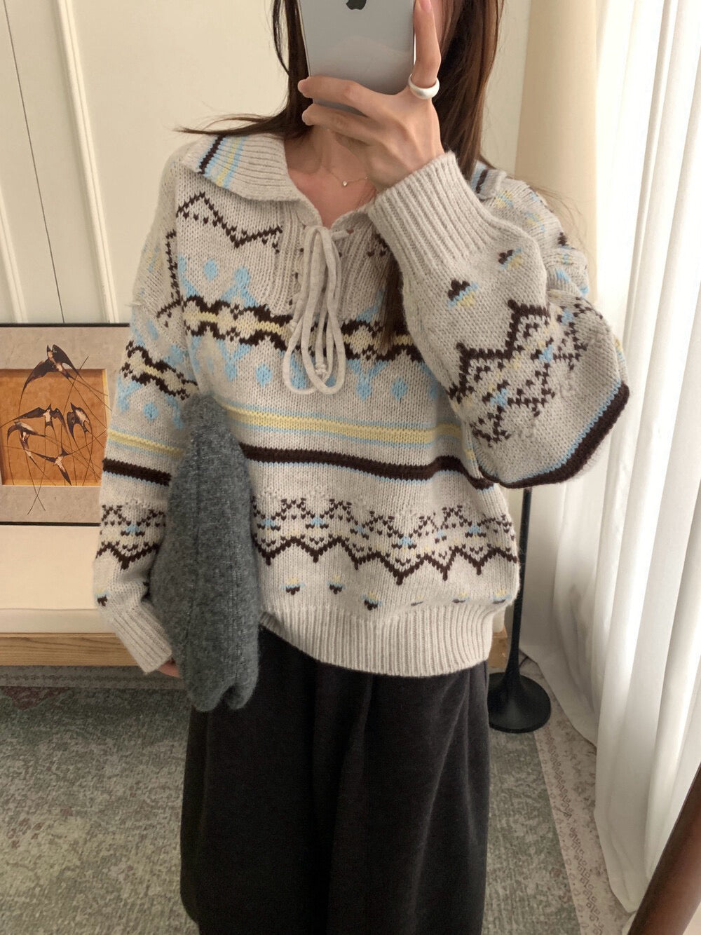 // 60%綿羊毛復古花紋綁帶翻領毛衣