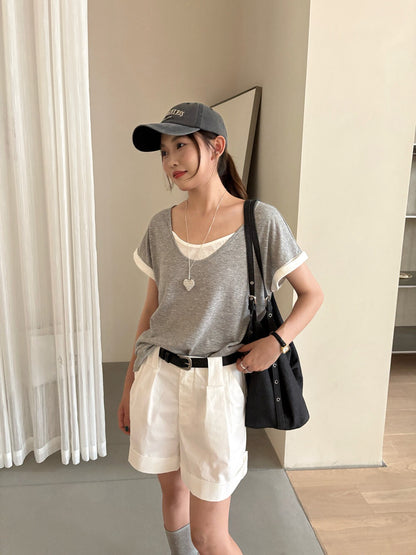 // 天絲麻假兩件親膚TEE