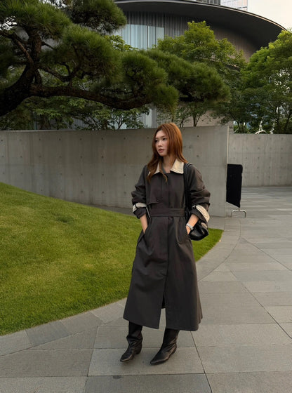 J26 / 撞色翻領復古長款trench coat