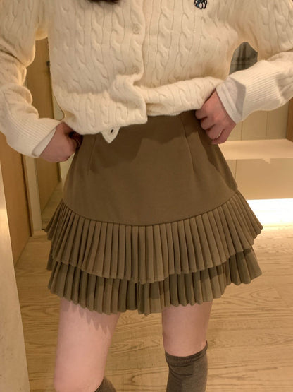 // 復古雙層細百褶毛呢短裙