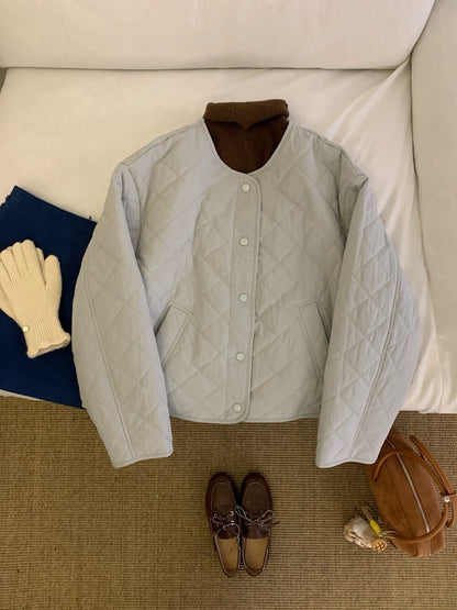 // 簡約菱格薄夾棉圓領外套