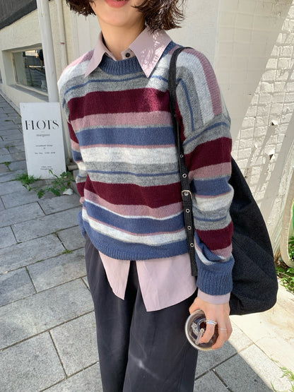 // 復古感撞色間條圓領10%羊毛NT