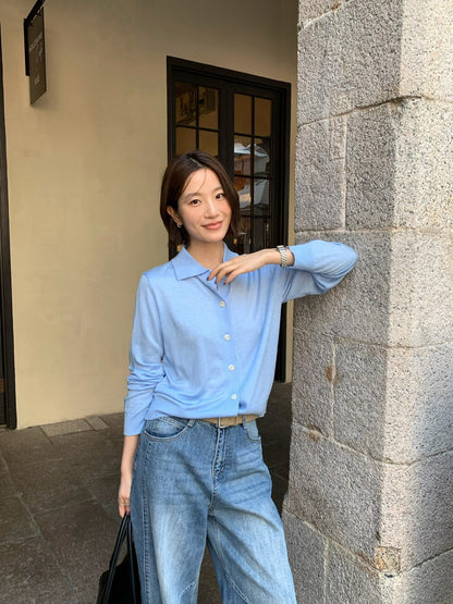 // 簡約風翻領排扣針織上衣