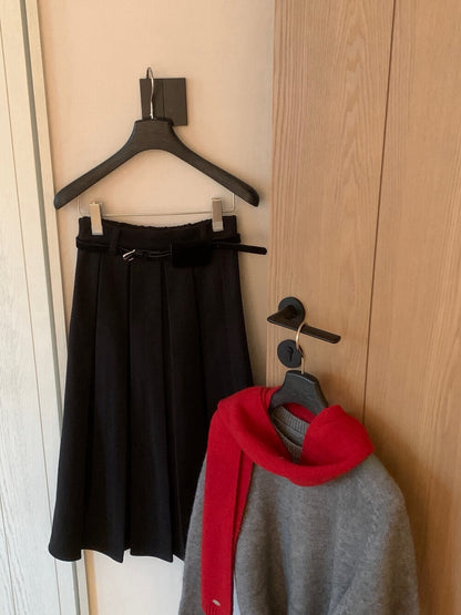 // 秋冬必備粗百褶毛呢中裙(連腰帶)