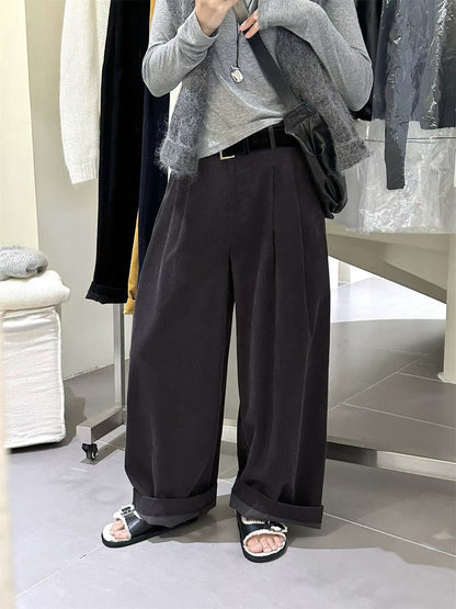 // 連絨面腰帶壓褶燈芯絨褲