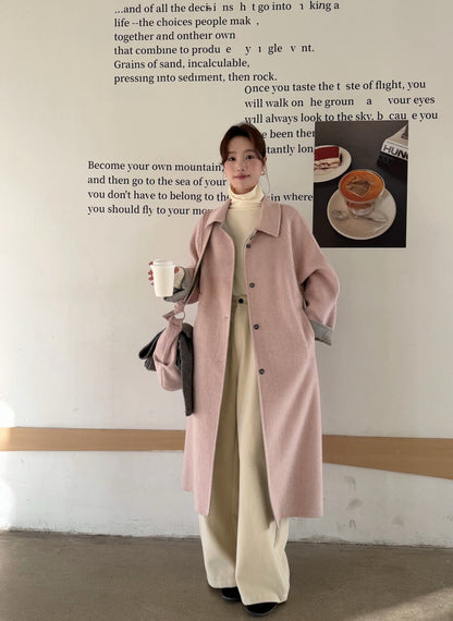 // 100%羊毛簡約翻領長款手工外套(連斜背包)