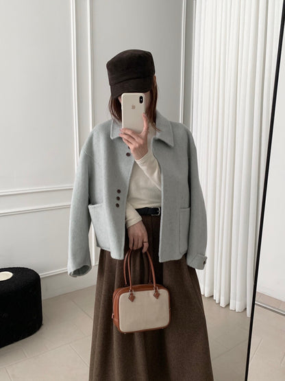 // 70%wool設計感鈕扣雙面手工外套