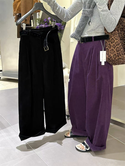 // 連絨面腰帶壓褶燈芯絨褲