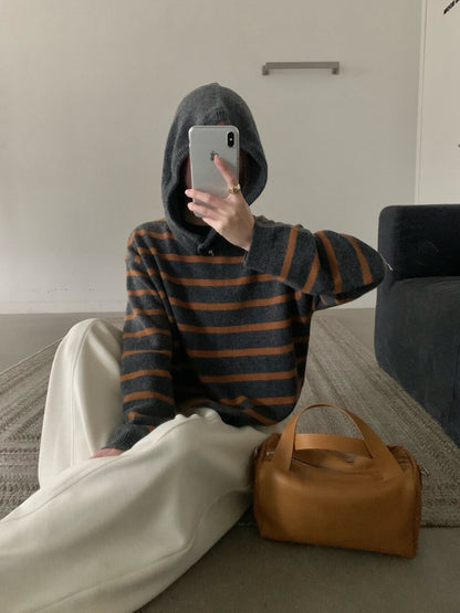 // 35%wool可分拆帽子間條毛衣