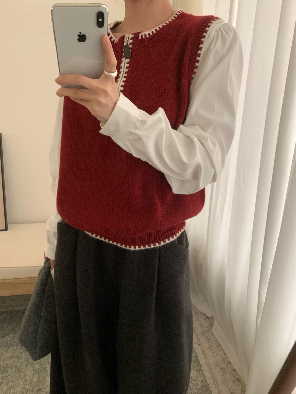 // 柔軟撞色邊拼恤衫袖假兩件上衣