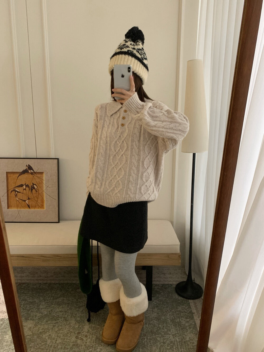 // 100%羊毛鈕扣翻領麻花毛衣